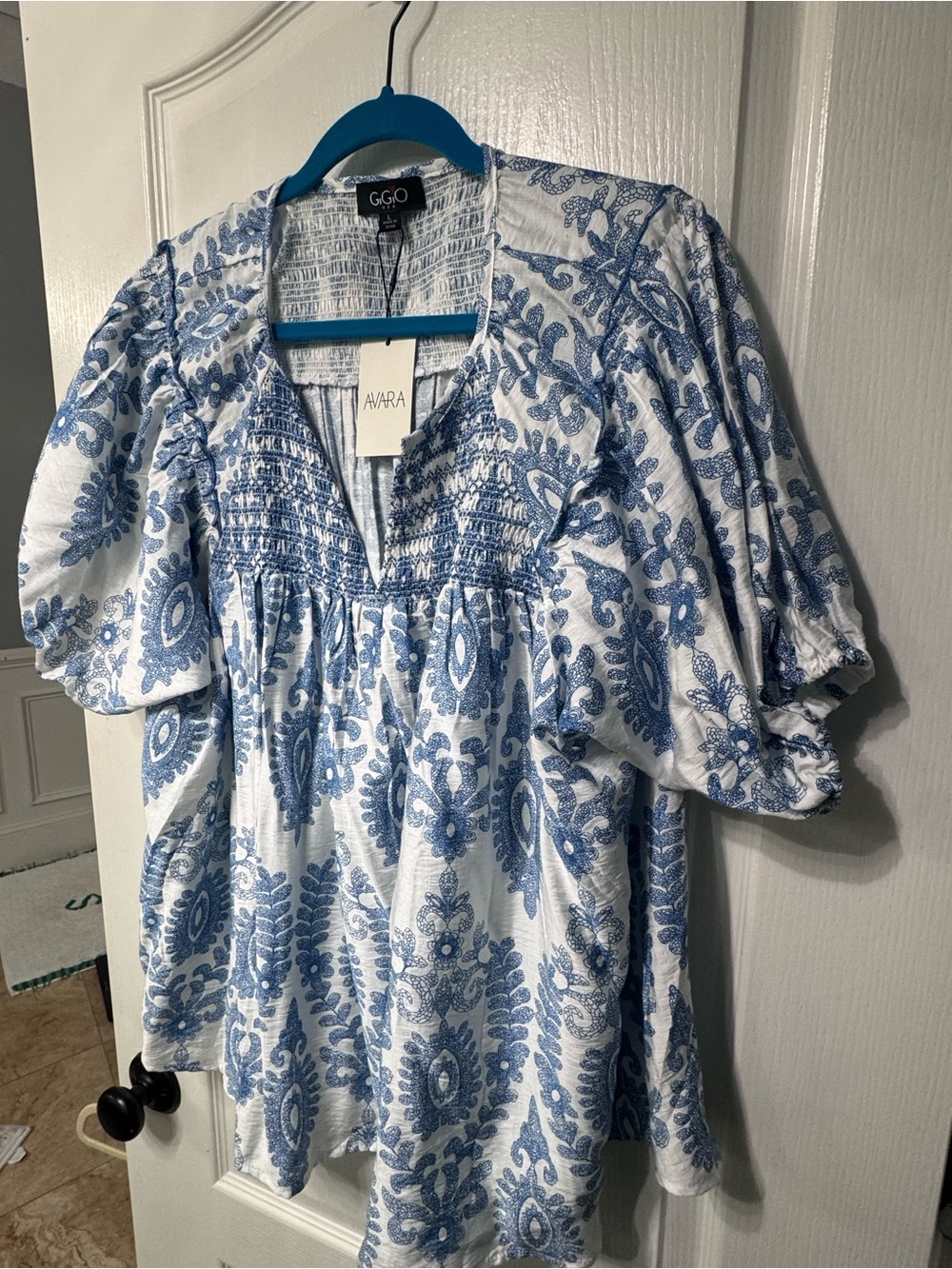 Blue Paisley Smocked V-Neck Women’s Top